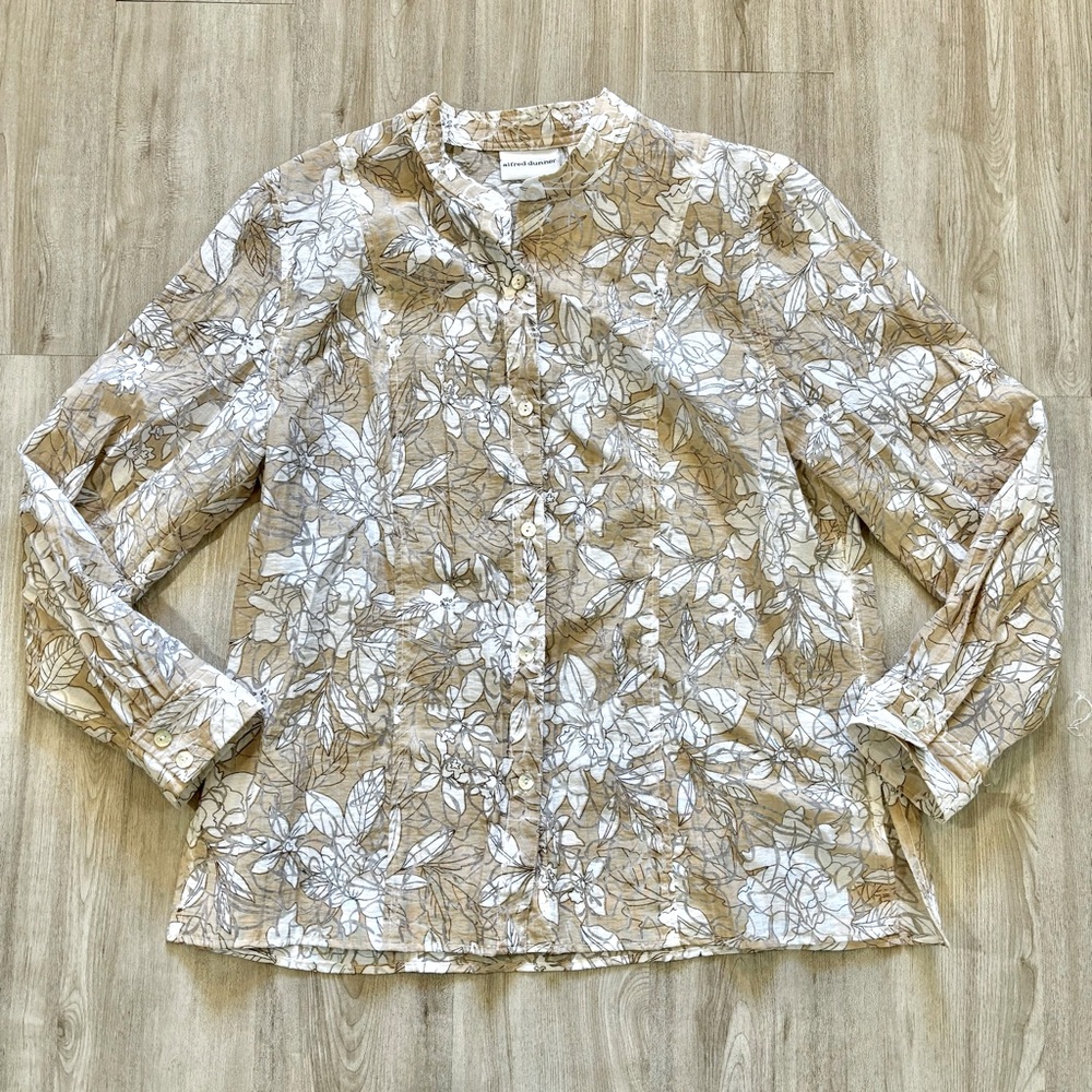 Alfred Dunner Women Size 12 Sheer Floral Long Sleeve Roll Tab Button Down Shirt